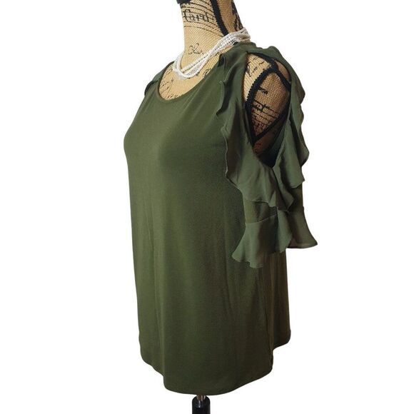 Worthington Womens Cold Shoulder Yop S Olive Green Ruffle Cottagecore Festive - Picture 3 of 10